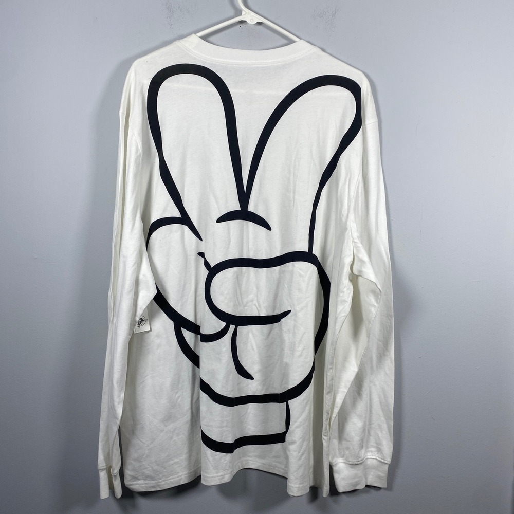 Disney Long Sleeve T-Shirt Mens XL‎ White Mickey Mouse Peace Sign Graphic Tee